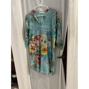 Amaya Blue Floral Embroidered V Neck Shift Dress Sz 38/M Side Slits